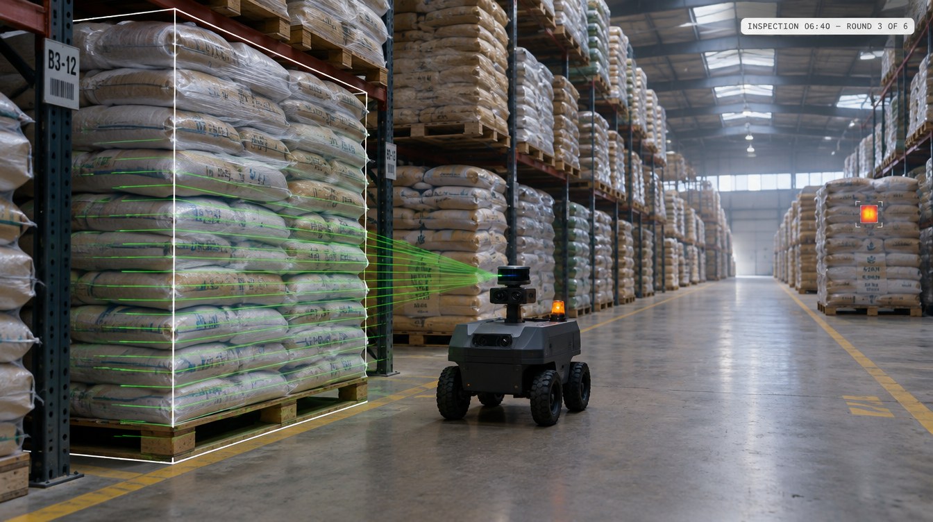 ARIA conducting an autonomous inspection round between rows of pledged stock in a warehouse
